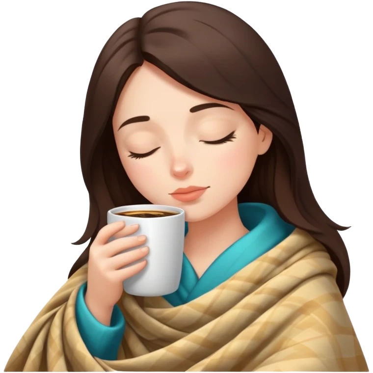 brunnet girl inside a blanket sipping coffee eyes closed emoji