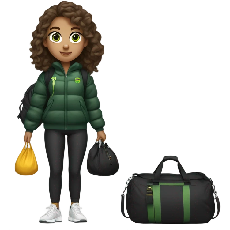 A sporty girl in a black short puffer with brown wavy hair and with a gym bag. Stylish baggy outfit. Green eyes emoji