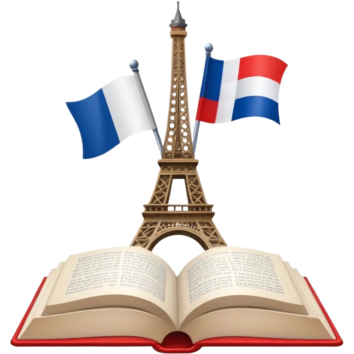 An icon featuring the Eiffel Tower and the flag of France, symbolizing the French language. The design includes an open book with French text, representing language learning and French culture. Transparent background highlights the elegance of the French-speaking world. emoji