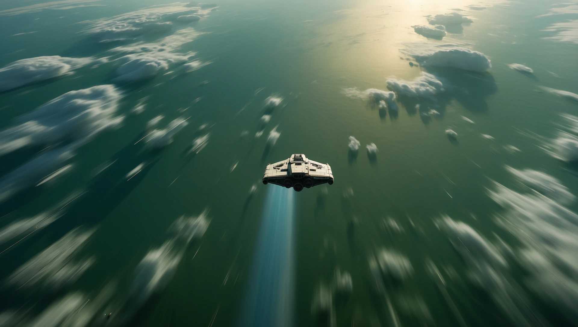 cinematic still, motion blur shutter speed, establishing shot, shot from top, entire globe green planet, single starship coming to planet, inspired by StarWars movie, captured by arri alexa  emoji
