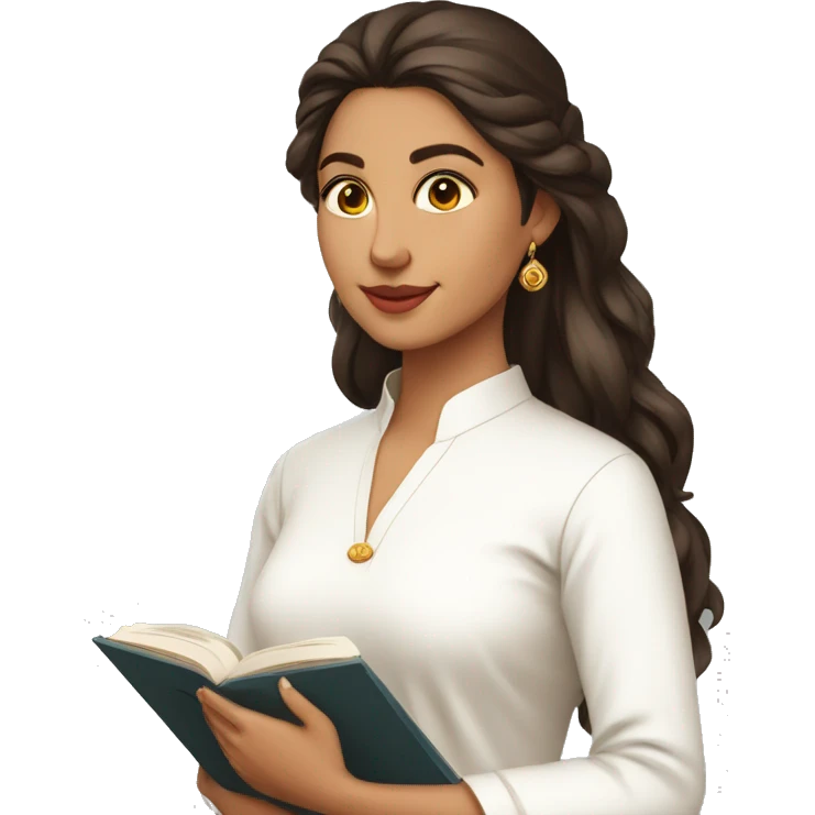 A modern women wearing  simple full white kurti and book in hand emoji