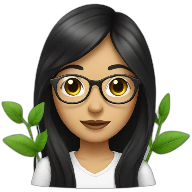 Girl with long black hair and clear thin rinmed glasses holding a plant emoji