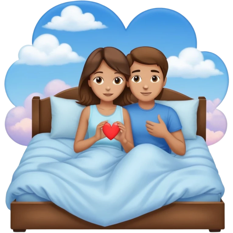 Sweet dreams a light brown haired man in a very  comfy bed with blue and Pastel clouds  and an delicate  with a brunette girl sending a heart elegant  emoji