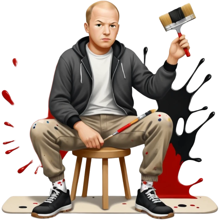 Jackson pollock the abstract artist flicking black white and red paint from a brush onto a canvas at his feet emoji