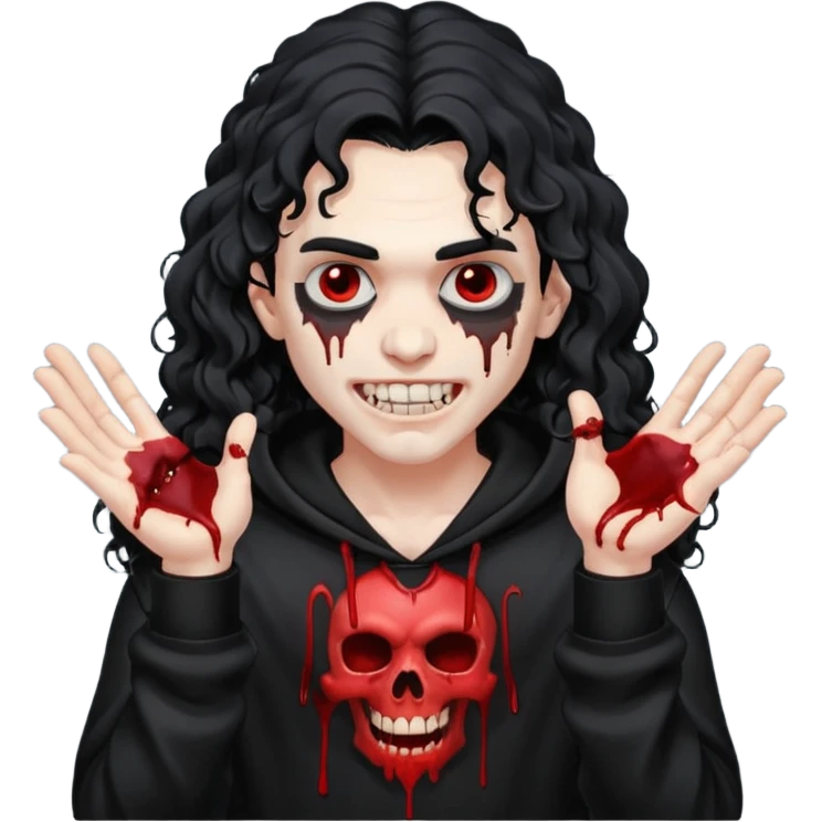 Vampire wearing a black hoodie with a skull logo on it, long curly hair that covers the forehead, fanged teeth and blood on hands emoji
