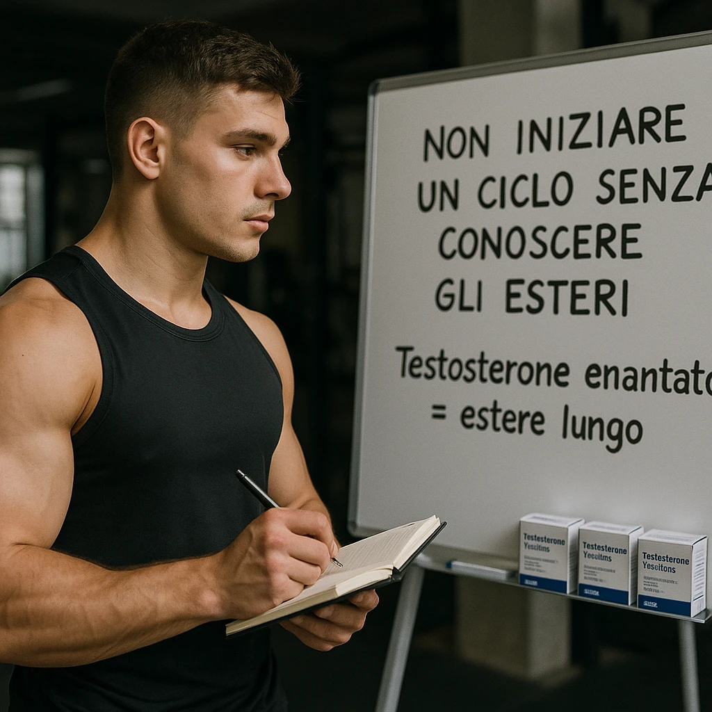 realistic young bodybuilder in sportswear taking notes in a notebook while looking at a gym whiteboard with Italian text 'Non iniziare un ciclo senza conoscere gli esteri' and 'Testosterone enantato = estere lungo', testosterone boxes with Italian labels nearby, learning atmosphere, gym background, 4K quality emoji