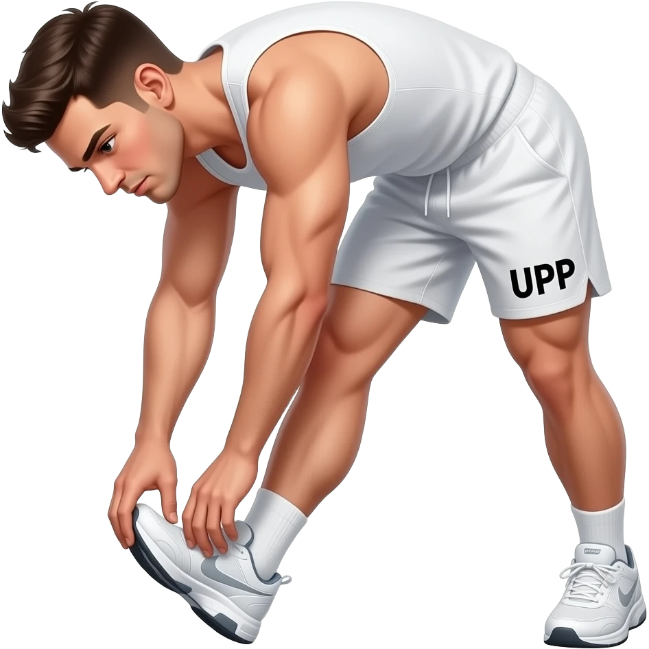 guy-in--white shorts --white-tank top-and-shorts-standing-up,-bending-down-to-touching-toes-(stretching-down-by-touching-both-feet-_-toes-feet-together-not-split-apart-with "UPP"_-written-on-his-shorts in black. white gym shoes emoji