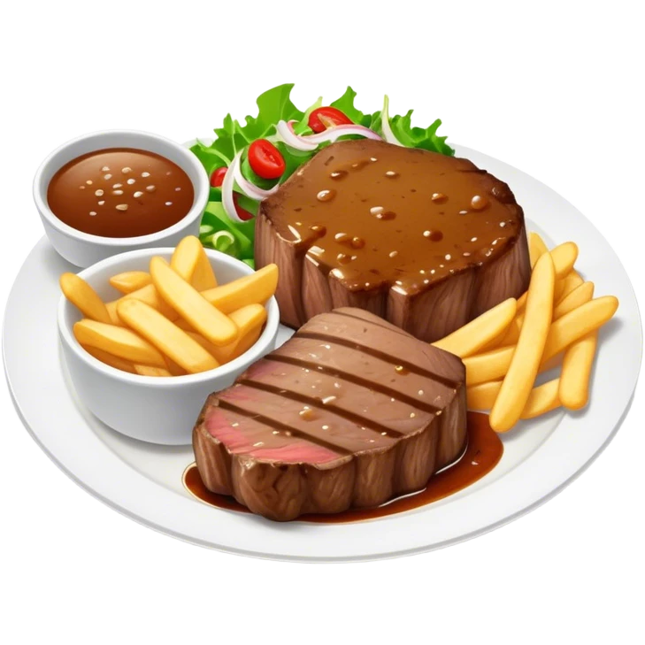 big juicy australian steak meal featuring chips, small salad in a ramiken and gravy  emoji