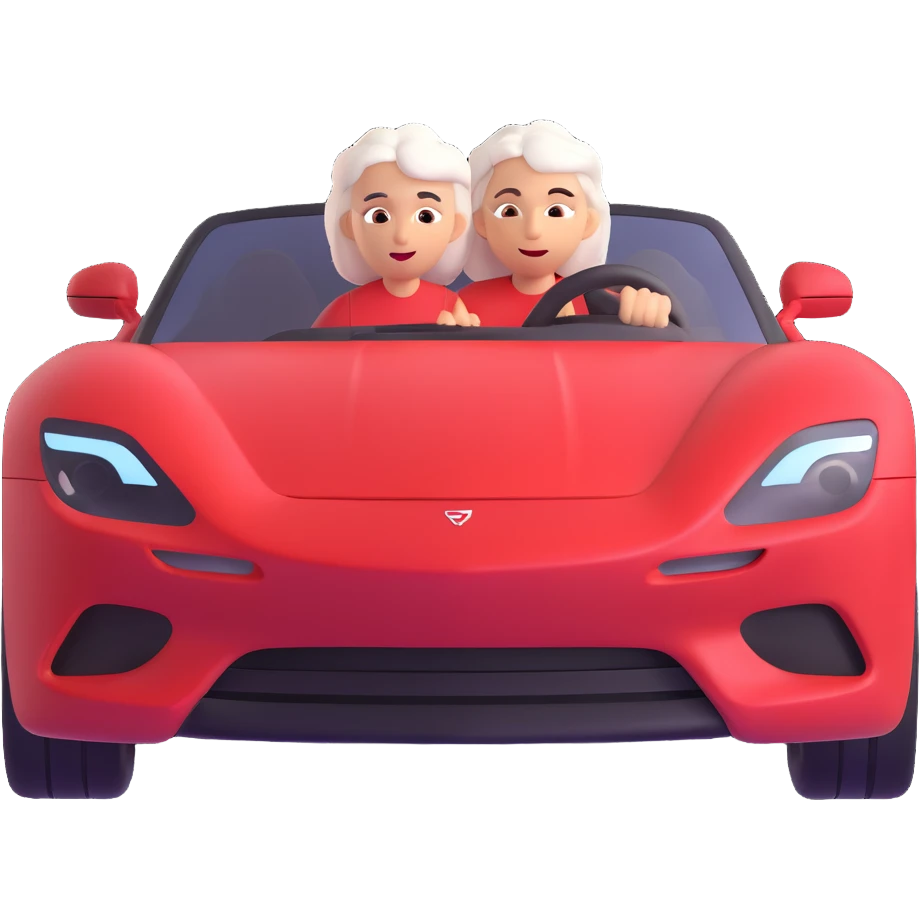 Make the mother with white hair in the red sports car look fast and furious, add dynamic motion effects, intense expression, sporty 3D emoji style, no background emoji