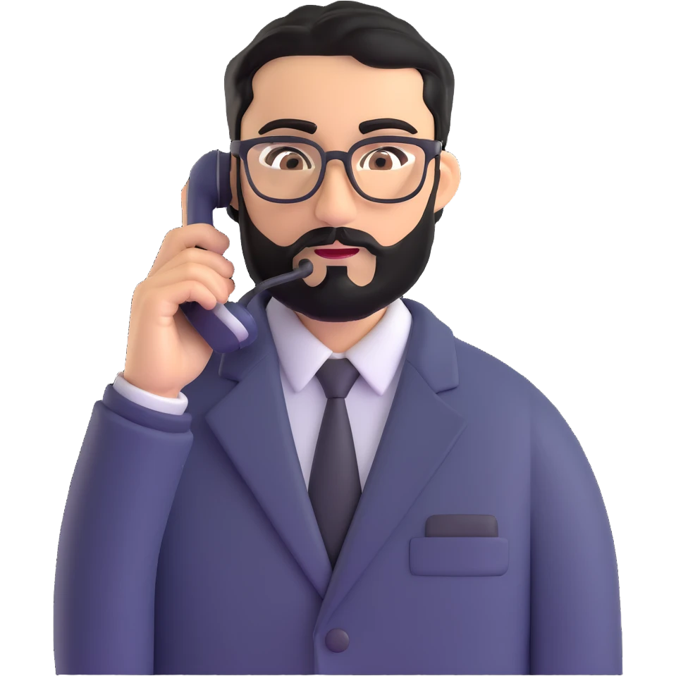 businessman with medium black beard, black hair styled to one side, connected unibrow, olive skin, brown eyes, glasses, prominent nose, in formal black jacket, in the process of dialing or answering phone call, with subtle modern office environment emoji