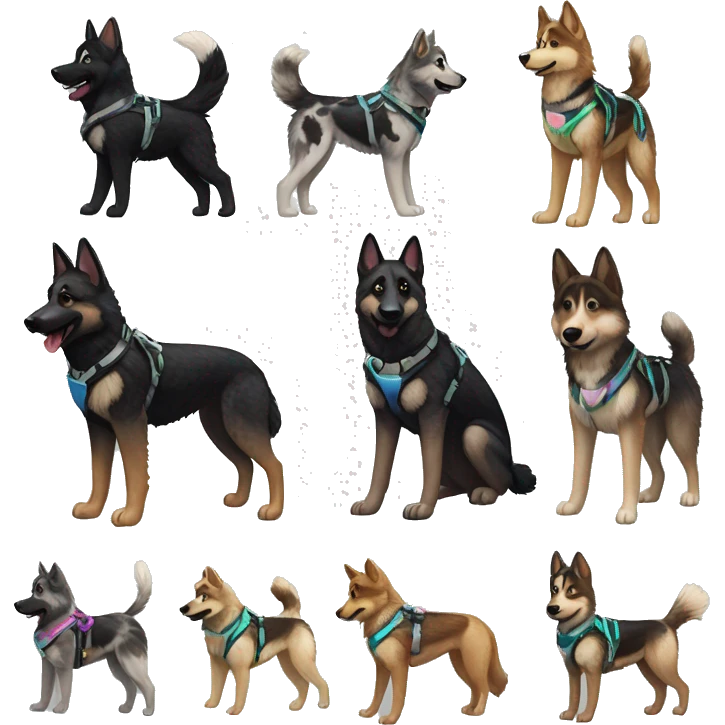  Black spotted brindle German shepherd husky fluffy ears and holographic harness running emoji