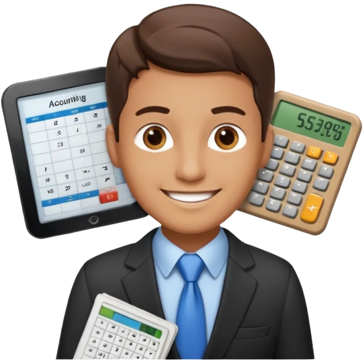 emoji, of a male AUDITOR smiling with Finance spreadsheet , a calculator,plus ADD A puzzle and a Balance for accounting. emoji
