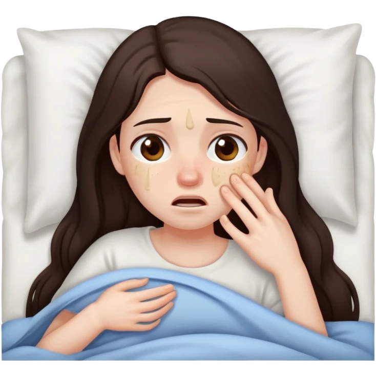 girl with long dark brown hair brown eyes and pale skin with acne crying in bed tired sick emoji