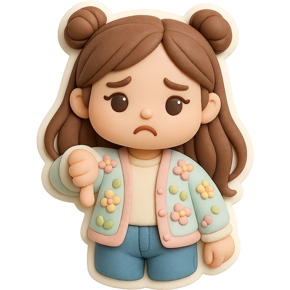 3D chibi fondant cake art style, high-quality rendering with smooth shadows and soft gradients. Girl based on reference image, preserve facial features, long brown hair in two space buns, brown eyes, jeans, pastel floral cardigan, thick white outline like a sticker, transparent background. Thumbs down, disappointed expression, consistent appearance with previous stickers. emoji