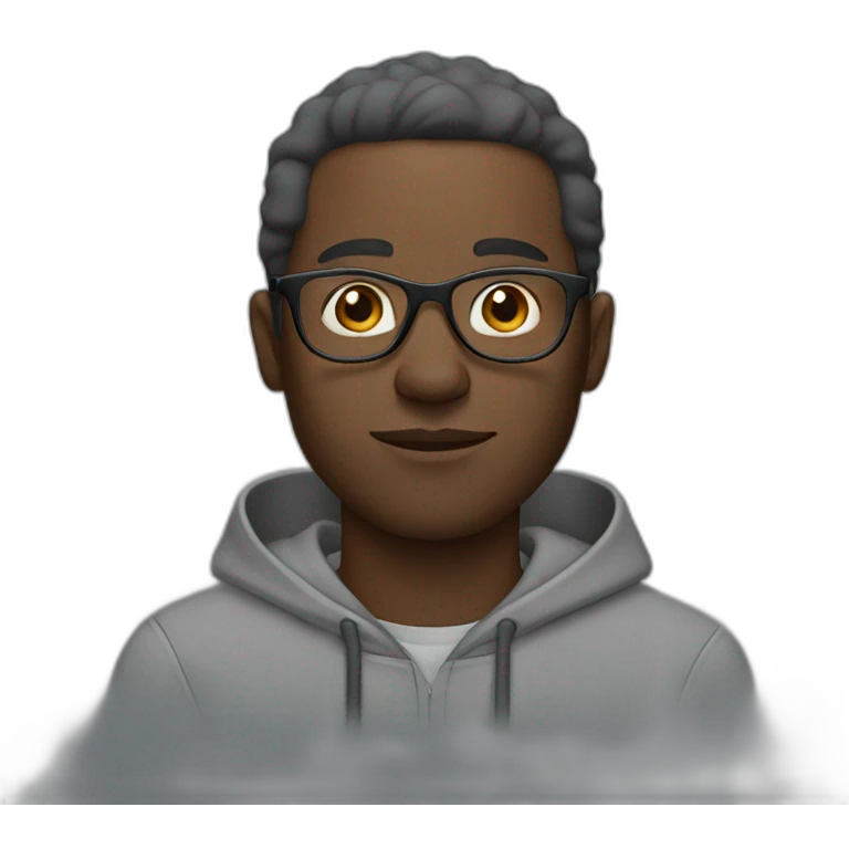 Black man wearing a grey hoodie with glasses emoji