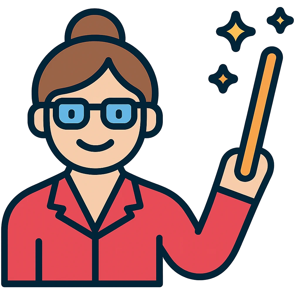 Convert this teacher with a bun hairstyle, waving a magic stick icon to a color version, using a professional and approachable palette and no background. emoji