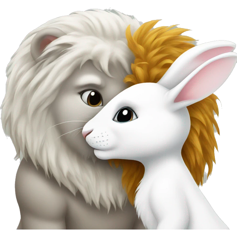 white bunny and lion kissing emoji