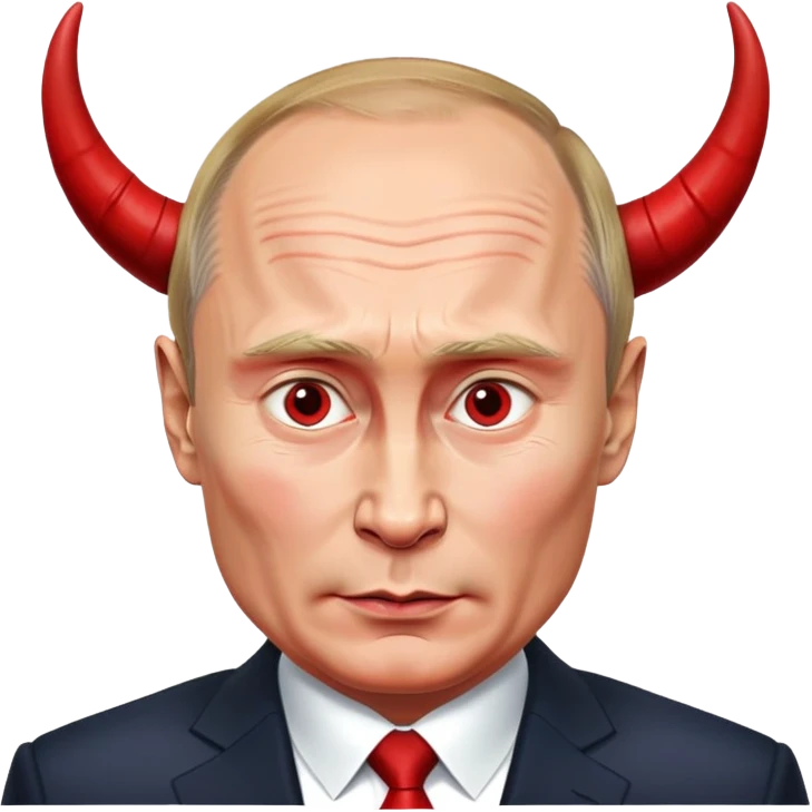 face of Vladimir Putin as a devil with red skin, horns, mischievous expression emoji