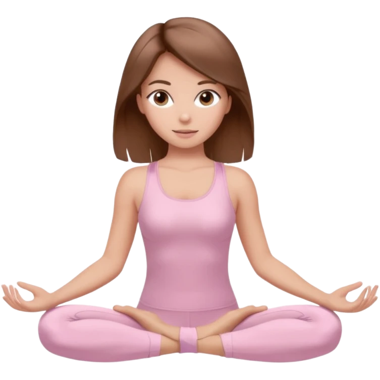 brown hair girl wearing light pink pilates clothes, silk beautiful medium hair and brown eyes, hands down emoji
