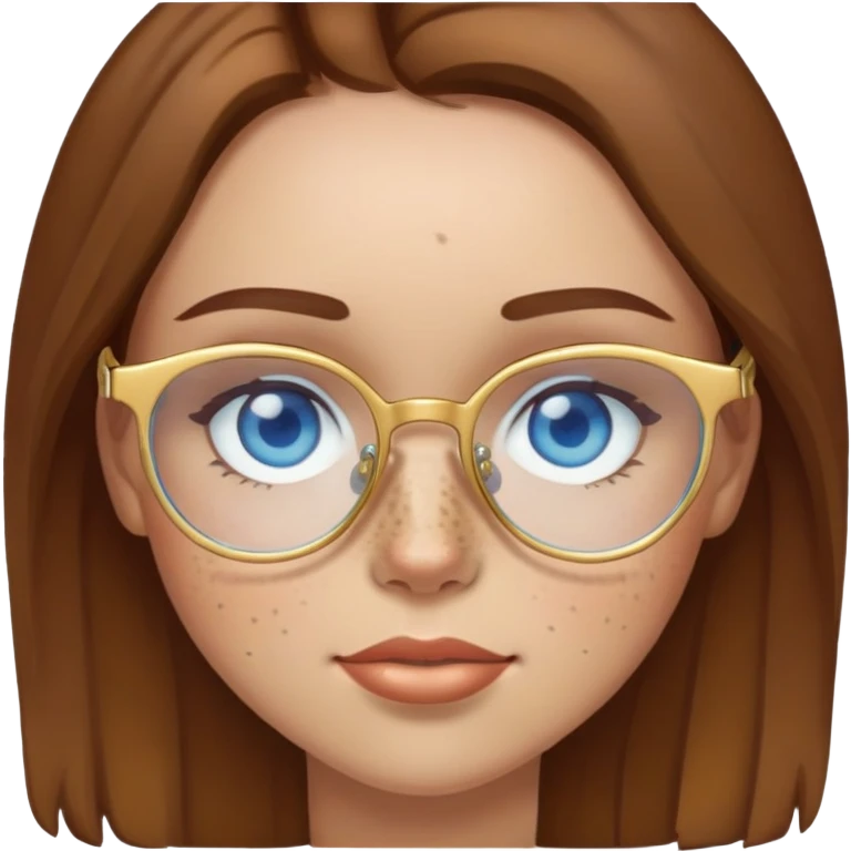 Girl with light skin, brown hair, blue eyes, freckles, and gold glasses emoji