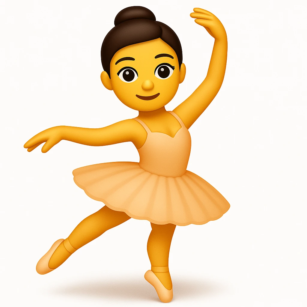 Create a ballerina emoji exactly like the reference image but without the cup head. The emoji should be in iOS emoji style, featuring a classic ballerina pose with a tutu, elegant, smooth, and shiny appearance. Add a soft shadow to the emoji. emoji
