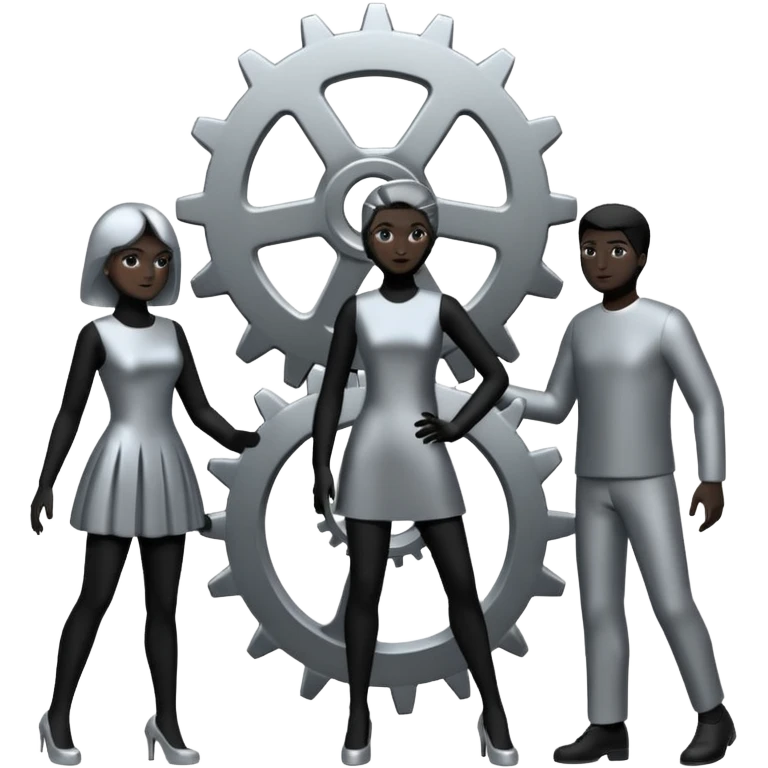 three silhouettes with a gear above emoji
