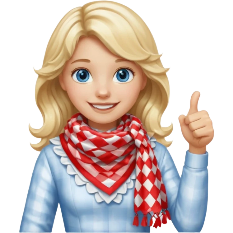 Blonde Girl, Blue Eyes, wavy hair, smiling, thumbs up, wearing red Checkered Triangle scarf, white dress emoji