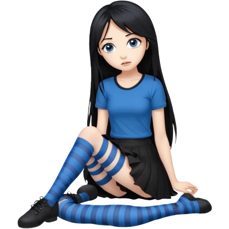 full body Front view emo girl blue eyes super long hair sits on the floor black skirt torn striped stockings emoji