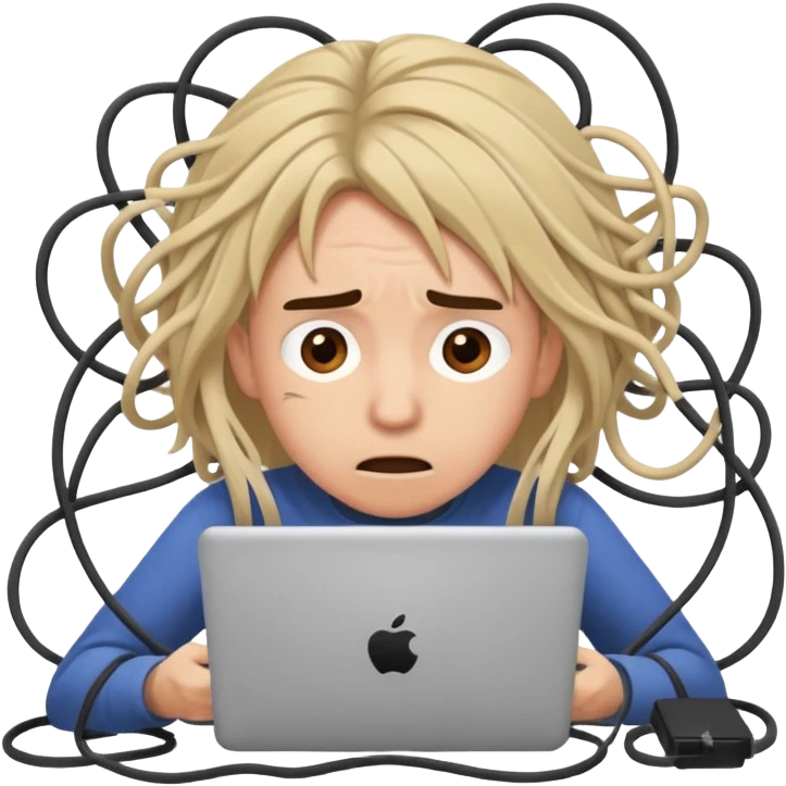 person with a tangled mess of cords, looking frustrated emoji