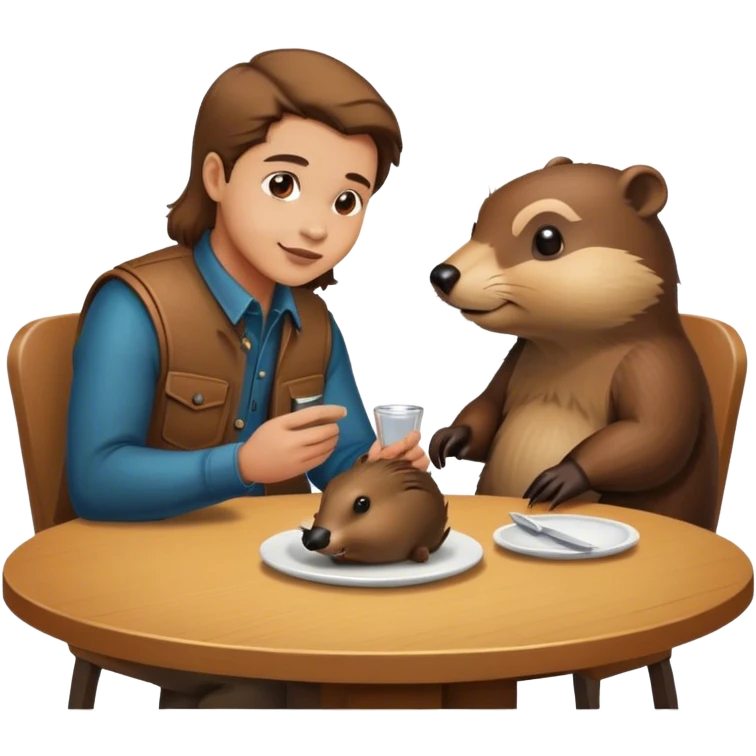 Человек сидит с бобром за столом и общается emoji