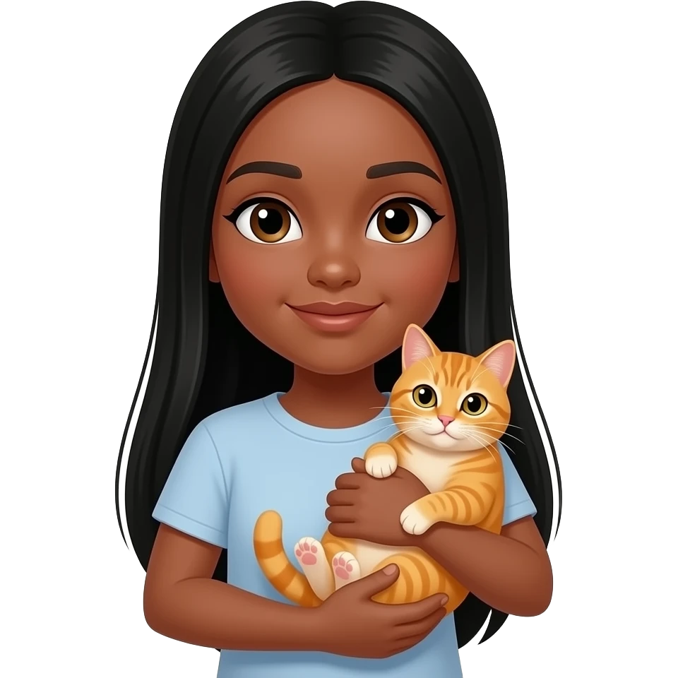 Une fille adolescente avec une peau "tan skin" avec des cheveux lisses très longs noir style clean girl qui tient et câline un chat orange emoji