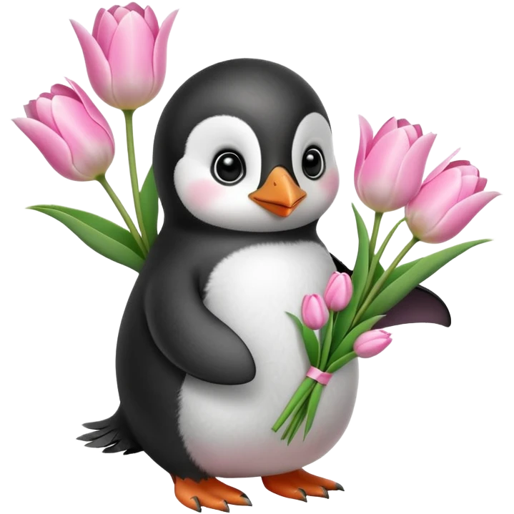 Cute baby penguin holding flower bouquet wraped in white paper and all flowers tulips in pink colour emoji