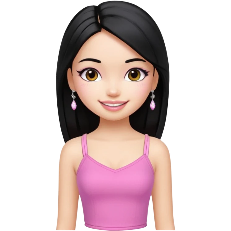 generate a pretty bratz girl with a pink cami top, straight black hair, silver jhumkas on emoji