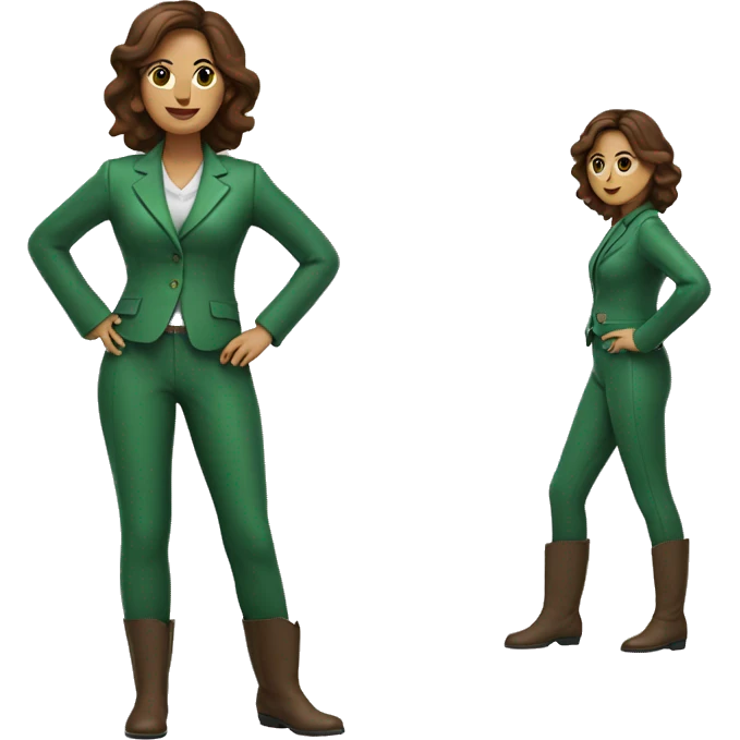 Woman with brown hair in green suit with green leather boots with rose on stomach emoji