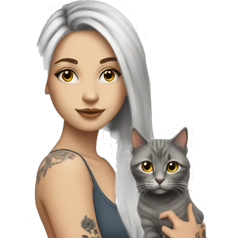 beautiful girl with tattoos, with long blond hair, with grey cat emoji