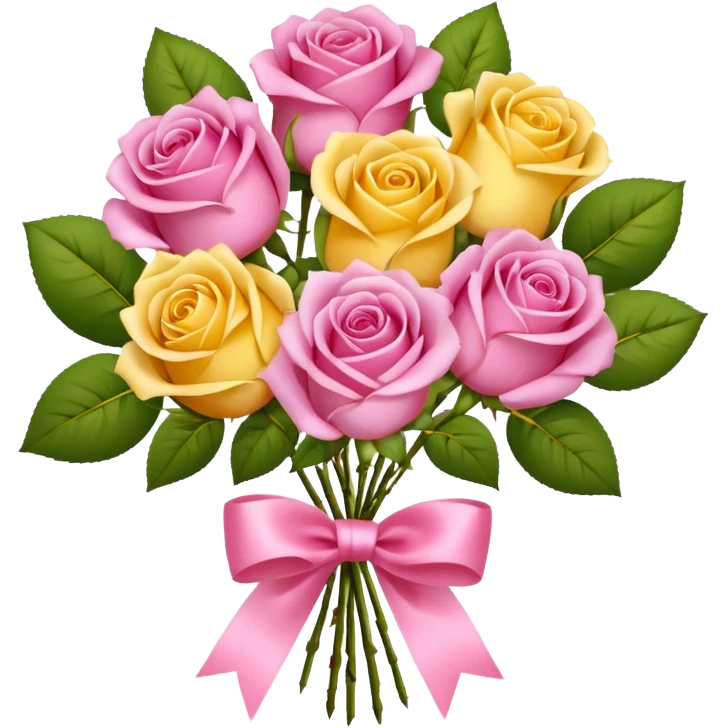 A bouquet of flowers, composed of pink and yellow roses, four blooms in total, tied with ribbon. emoji