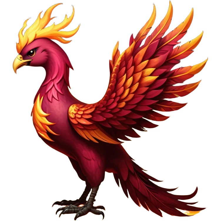 Cinematic Noble Battle-Hardened Mystical Fire Phoenix Portrait Emoji, with scorched, battle-scarred plumage in deep crimson, burnt gold, and smoldering ember hues. Its piercing eyes, hardened by countless conflicts, blaze with unyielding resolve and ancient wisdom. The elongated tail feathers bear vivid marks of fiery combat, rendered with lifelike texture and dynamic highlights, high shine, exuding an aura of mythic martial valor, focused and commanding, with a soft glowing outline that captures a phoenix forged in the fires of war. emoji