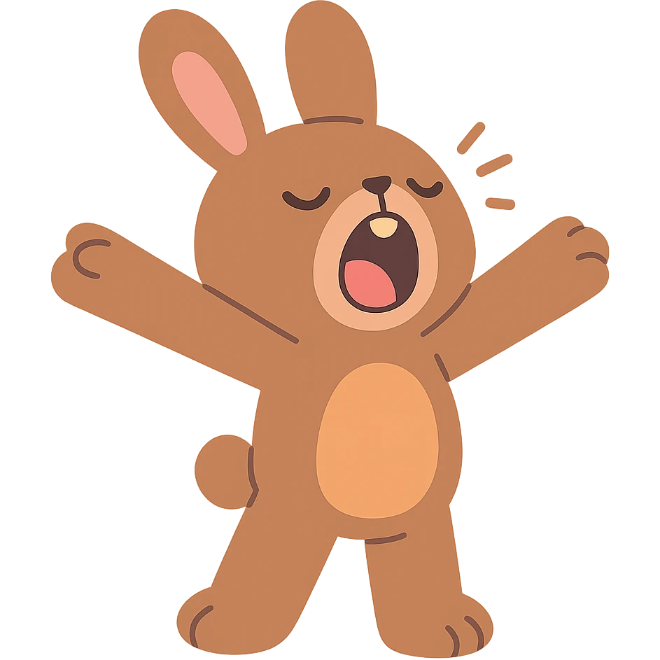 brown bunny stretching arms while yawning, pastel-toon style emoji
