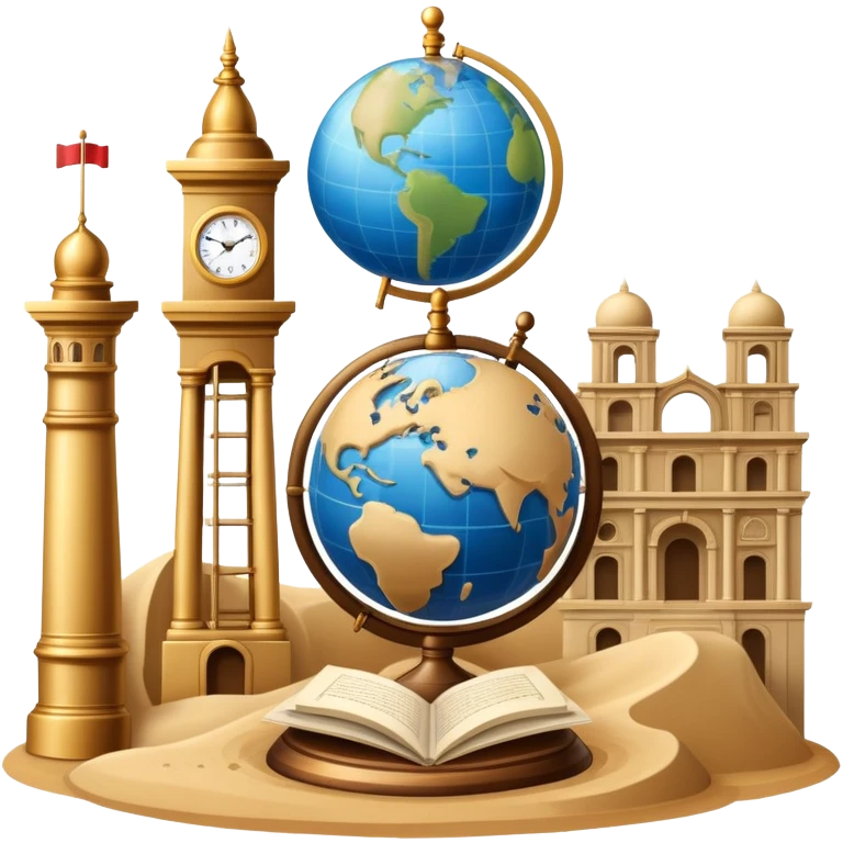 icon featuring ancient scrolls, quill pen, and a globe, with famous historical landmarks and monuments in the background. Large, antique sand clocks with sand pouring out represent the passage of time. Historical figures are depicted as statues. Transparent background. emoji
