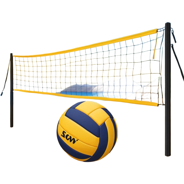 The scene captures the relaxed yet competitive vibe of beach volleyball, with warm sunlight and the natural beauty of the beach. A volleyball resting on the yellow sand on a beach, with the net in the background and a scenic view of the ocean and sky.  emoji