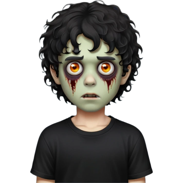 Boy, zombie, black curly wavy hair, medium hair, emo, round shaped hair, dark hair, spooky, creepy expression, fringe in the eyebrows height, with Black t-shirt  emoji