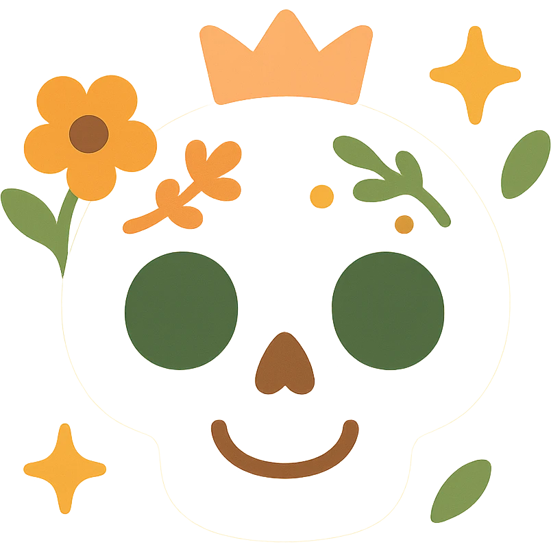 A cute, stylized skull with a friendly and whimsical vibe, designed in a soft and magical color palette: golden orange (FA9B41), forest green (4A7C5C), muted taupe brown (96775A), and pastel peach (FFCC9A). The skull has rounded, non-threatening features with expressive, oversized eye sockets and a gentle smile. It’s adorned with delicate floral patterns or tiny stars in the given colors, and perhaps a small crown or ribbon in peachy hues. The background is soft and glowing, creating a cozy, enchanting atmosphere. The overall mood is cute, calm, and a little bit magical. emoji