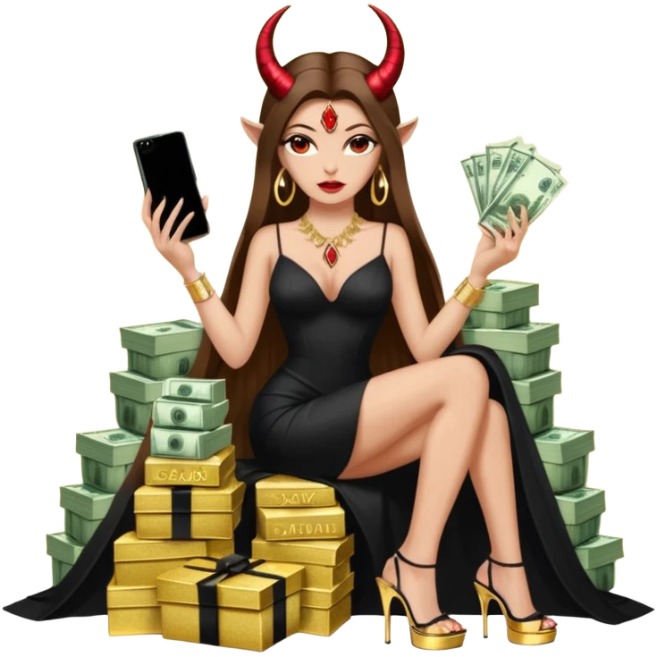 Sensual seductress long brown straight haired sexy drug lord woman with  glitter platform high heels on her feet,  and devil black horns on her head, holding a stack of cash, has a phone in other hand. Sitting on gold cases full of drugs, long black dress with sexy slit emoji
