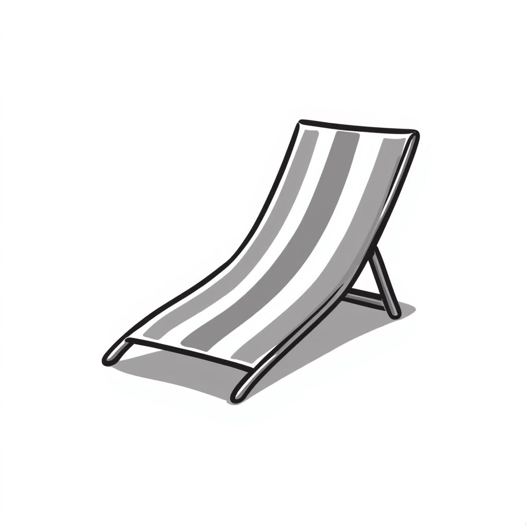 A beach lounge chair/deck chair in pastel colors (dd9fb0, ffc6d3, a3bfc9, c4bee2, f1b091), hand-drawn doodle style emoji