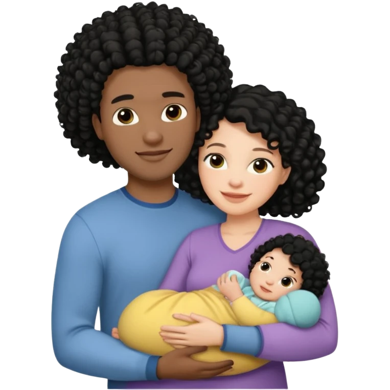 family: white woman curly black hair, black man with short black frizz hair, one 2 y o daughter , and a newborn in the and of the mother emoji