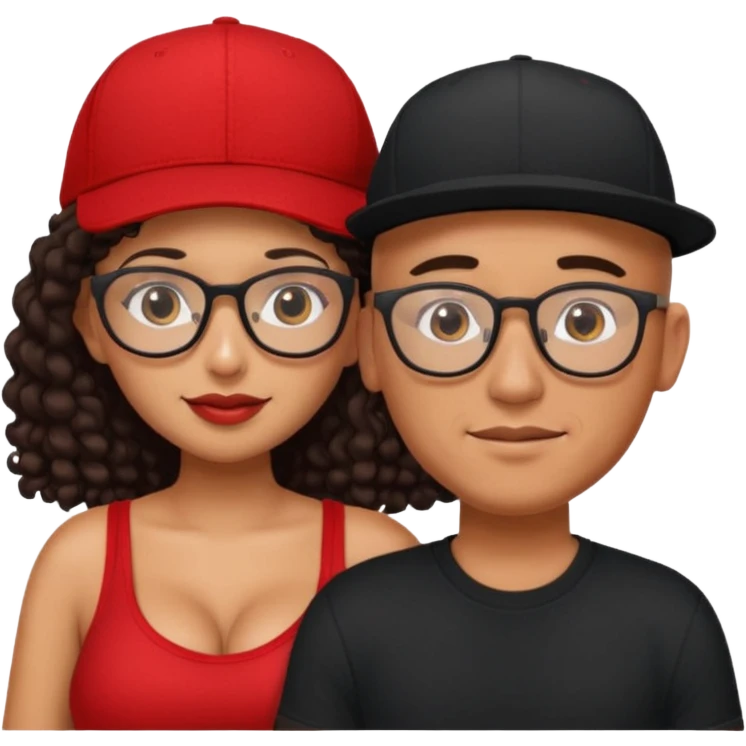 A picture of an embracing tanned couple. the man is a Mexican man with tanned skin, with a bald hair cut wearing a red SnapBack hat and wearing a black shirt. the woman is mixed, with glasses,  with long curly dark brown hair and with big boobs.  emoji