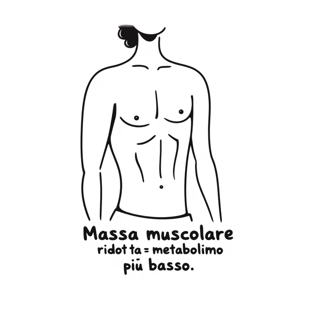 Primo piano del busto di un uomo magro, con muscoli poco sviluppati evidenziati, didascalia: “Massa muscolare ridotta = metabolismo più basso”, testo in italiano. emoji