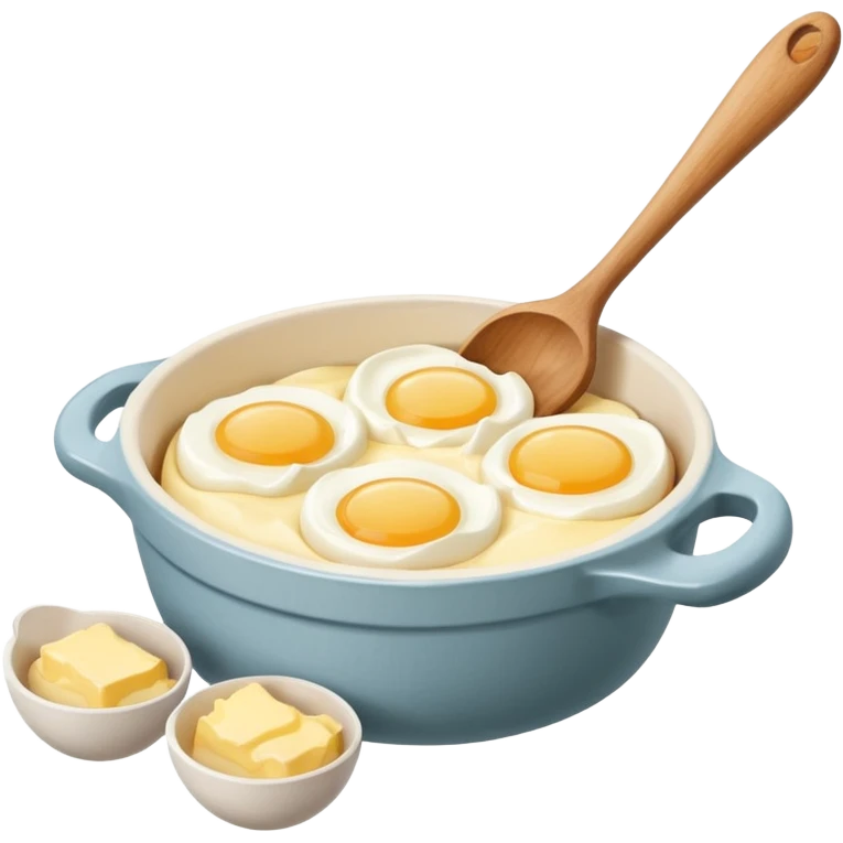 A carton of eggs, butter and a cream ceramic baking bowl with a wooden spoon in it emoji