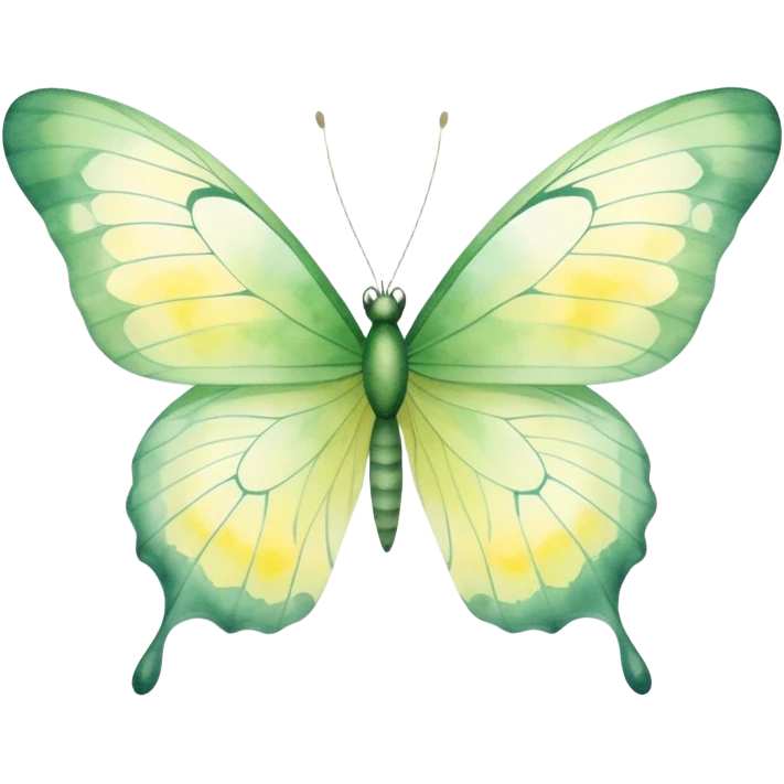 A delicate butterfly with translucent, pastel green wings, featuring subtle vein patterns and a gradient of light yellow and sage. The watercolor strokes give it a dreamy, ethereal appearance as it hovers in mid-air.
 emoji