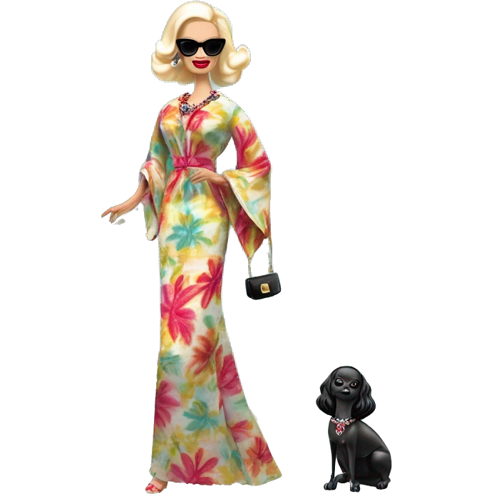 1960’s Palm Beach Breeze Barbie, teen Morticia Addams ,by the pool, white skin, full body visible, wavy hair,handbag, aloof,eyeshadow,earrings,open flowing floral caftan,small 2 piece, sunglasses on forehead,heels,walking Miss Thang emoji